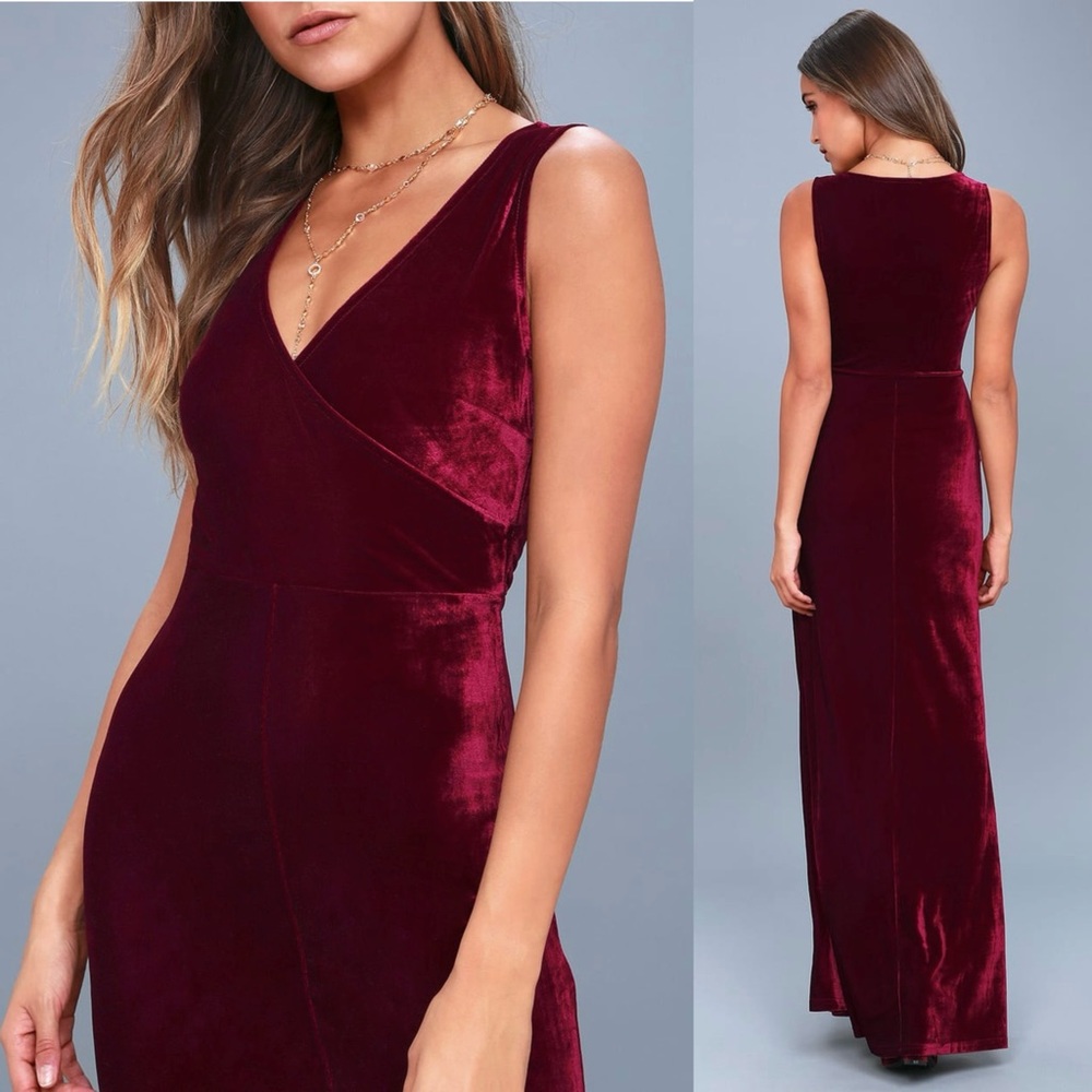 LULUS Wine Velvet Sleeveless V-Neck Mermaid Skirt Formal Wedding Guest Gown XS - Picture 2 of 5